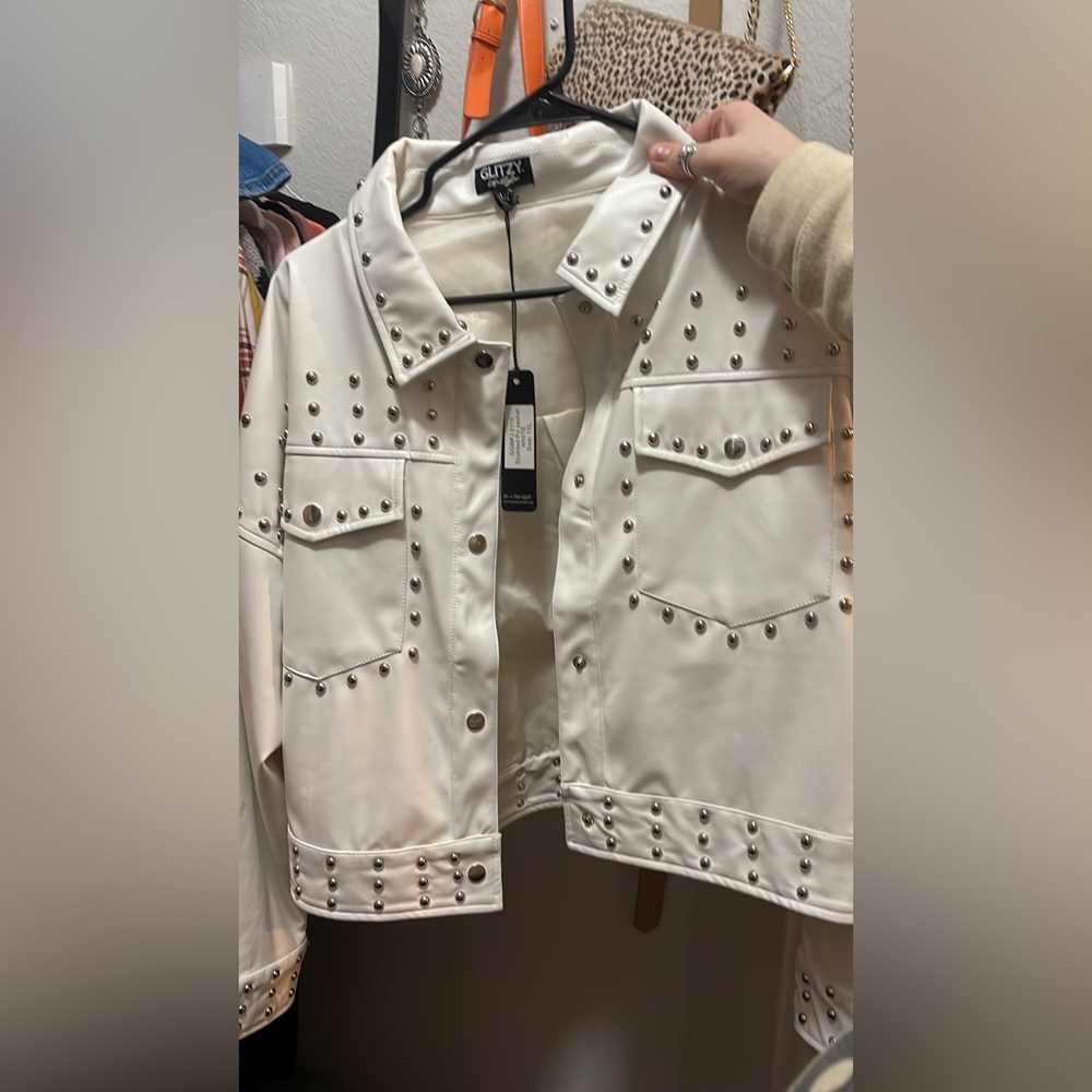 NWT white leather studded jacket